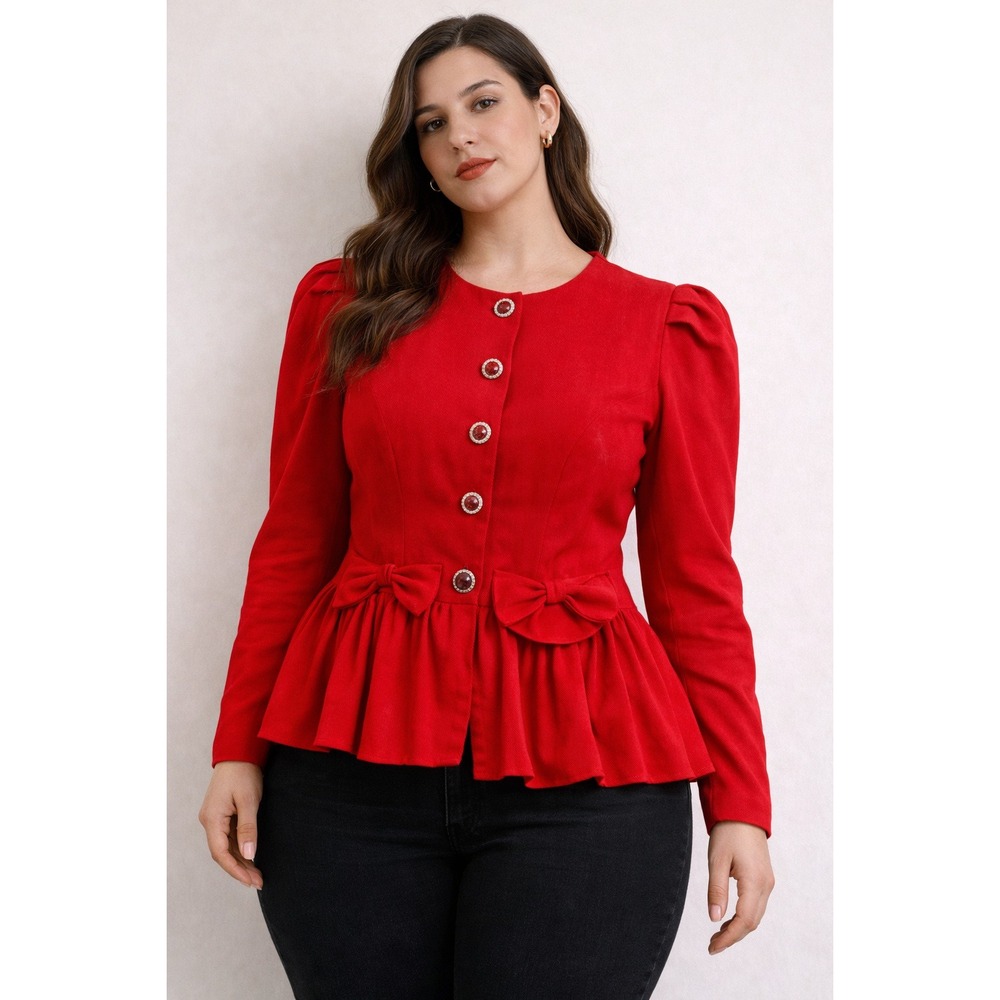 Connections Vintage 80s Red Peplum Bow‎ Jacket Pleated Puff Sleeve Size 12 USA